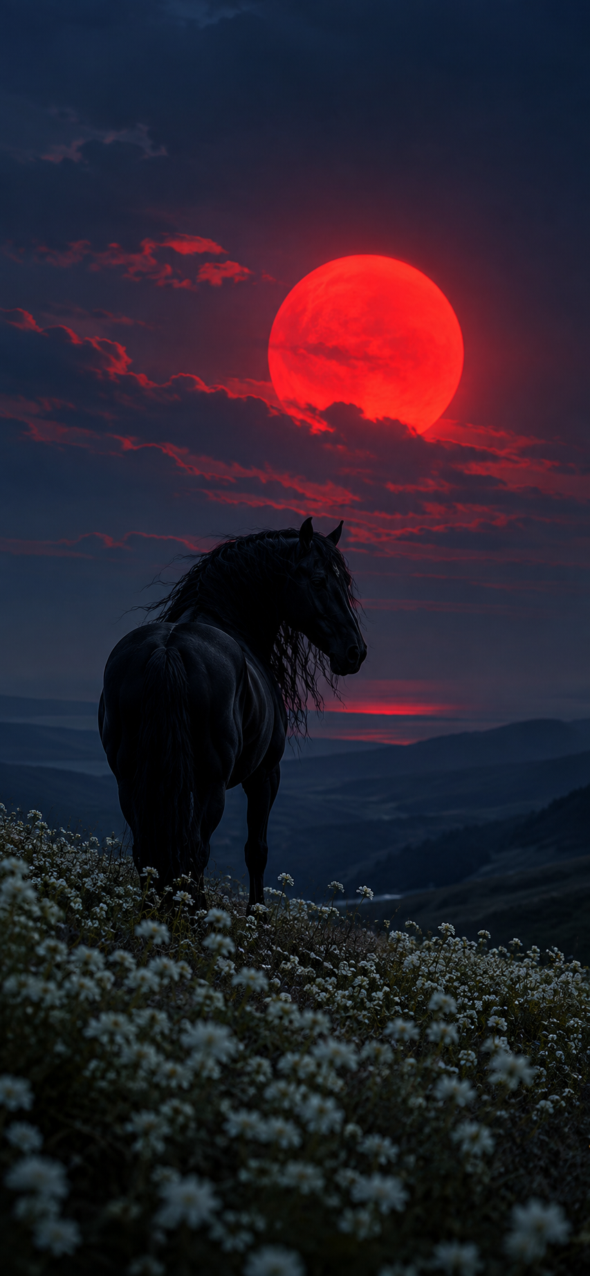Black Horse Beneath a Crimson Sun Wallpaper